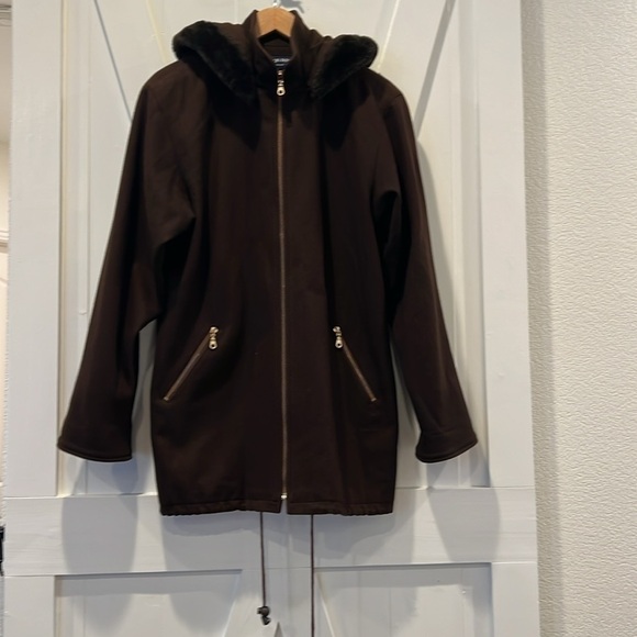 Herman Kay Brown Wool Hooded Faux Fur Trim Coat Size 8 - Picture 1 of 8